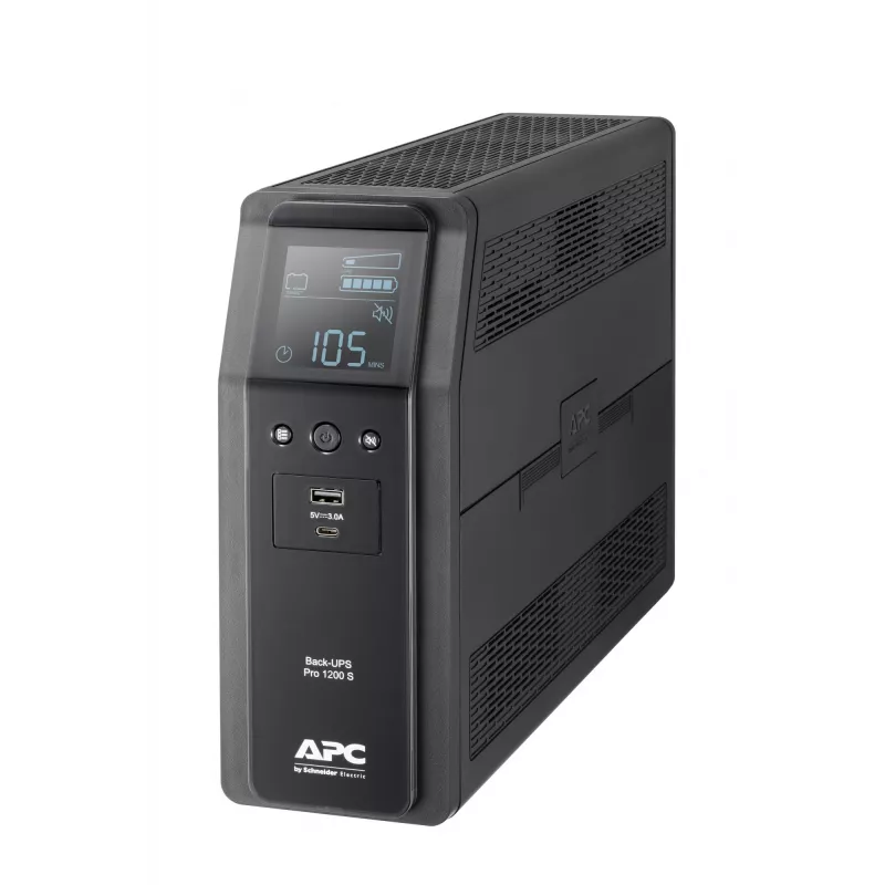 APC Back-UPS Pro, 1200VA/720W, torre, 230V, 8x tomas IEC C13, onda senoidal, AVR, conexiones USB Type-A + C, LCD, batería reemplazable por el usuario
