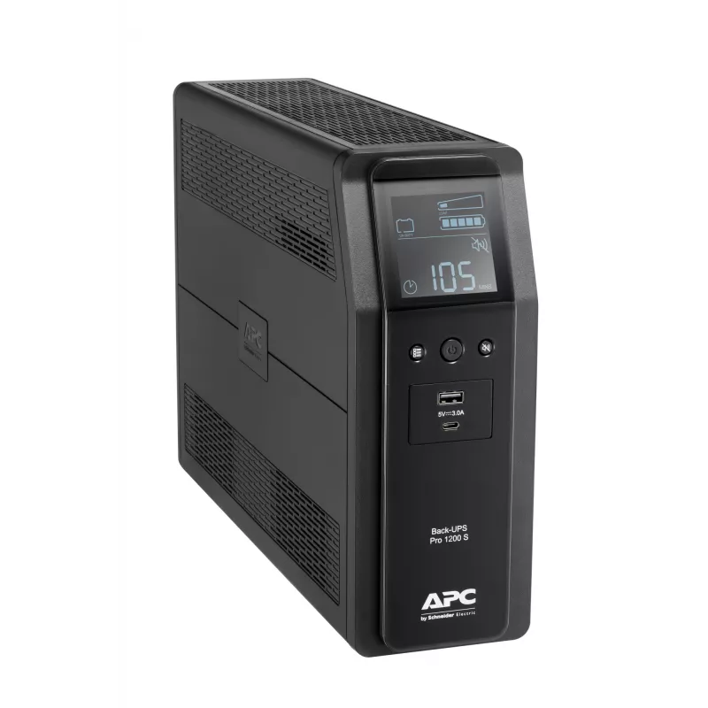APC Back-UPS Pro, 1200VA/720W, torre, 230V, 8x tomas IEC C13, onda senoidal, AVR, conexiones USB Type-A + C, LCD, batería reemplazable por el usuario