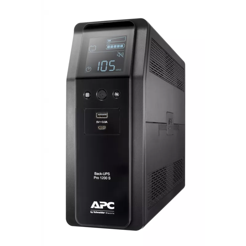 APC Back-UPS Pro, 1200VA/720W, torre, 230V, 8x tomas IEC C13, onda senoidal, AVR, conexiones USB Type-A + C, LCD, batería reemplazable por el usuario