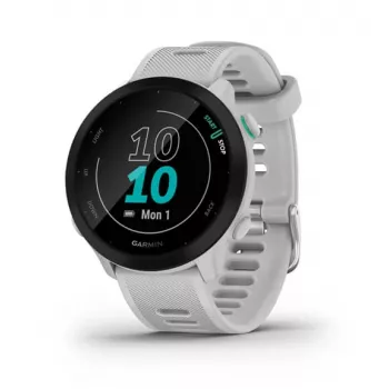 Smartwatch GARMIN Forerunner 55 — 42 mm reloj deportivo redondo, GPS/GLONASS/Galileo, 14 días de batería, 5 ATM, correa de silicona blanca