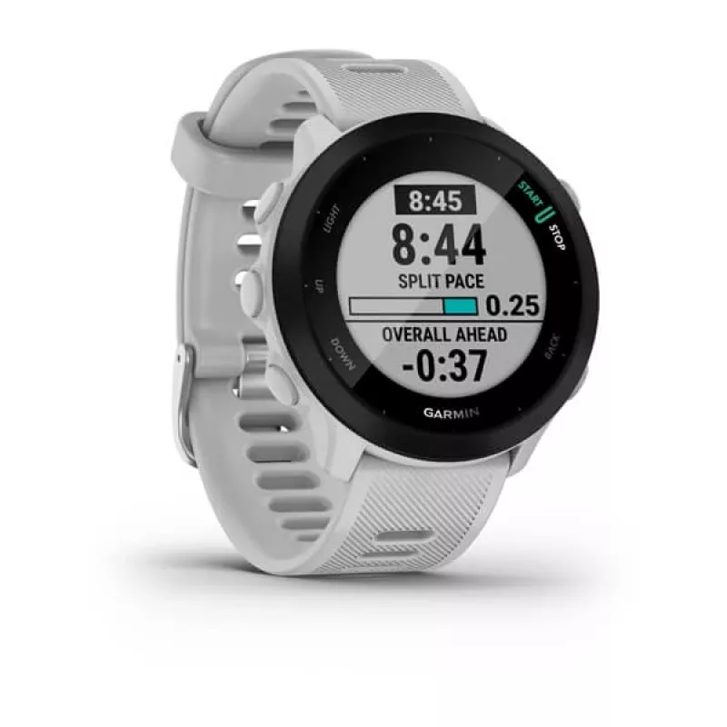 Smartwatch GARMIN Forerunner 55 — 42 mm reloj deportivo redondo, GPS/GLONASS/Galileo, 14 días de batería, 5 ATM, correa de silicona blanca