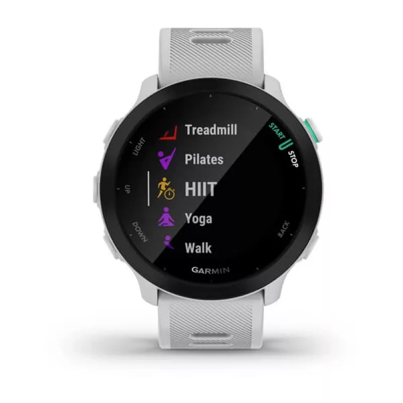 Smartwatch GARMIN Forerunner 55 — 42 mm reloj deportivo redondo, GPS/GLONASS/Galileo, 14 días de batería, 5 ATM, correa de silicona blanca