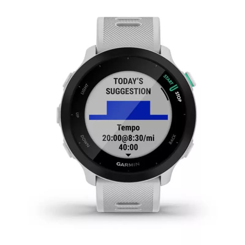 Smartwatch GARMIN Forerunner 55 — 42 mm reloj deportivo redondo, GPS/GLONASS/Galileo, 14 días de batería, 5 ATM, correa de silicona blanca