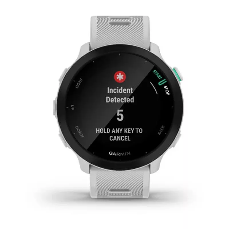 Smartwatch GARMIN Forerunner 55 — 42 mm reloj deportivo redondo, GPS/GLONASS/Galileo, 14 días de batería, 5 ATM, correa de silicona blanca