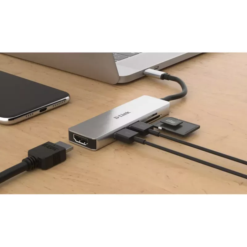 Hub USB-C 5 en 1 D-Link con HDMI y lector de tarjetas SD/microSD