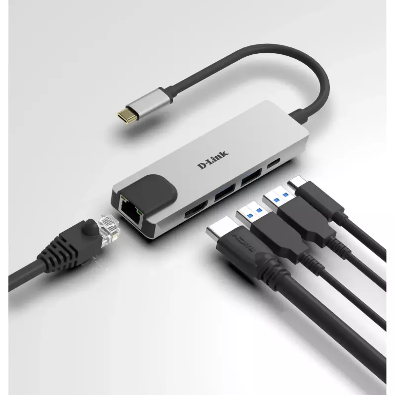 Hub USB-C 5 en 1 D-Link con HDMI/Ethernet y Power Delivery