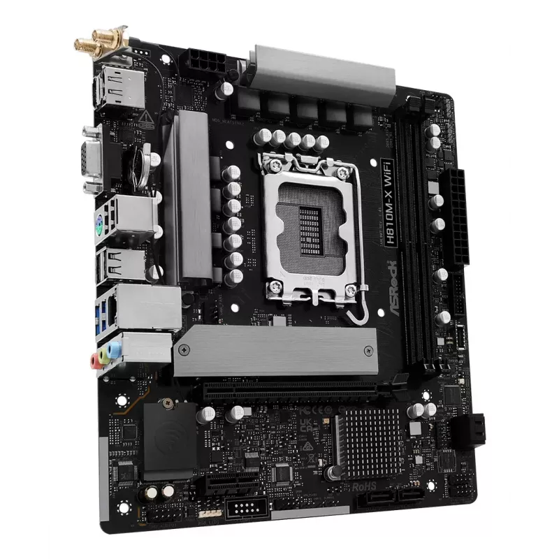Placa base ASRock H810M-X WiFi — Intel H810, LGA 1851, microATX, DDR5, 2 DIMM, 128GB, Wi-Fi 5, LAN 2.5Gb, M.2, SATA III
