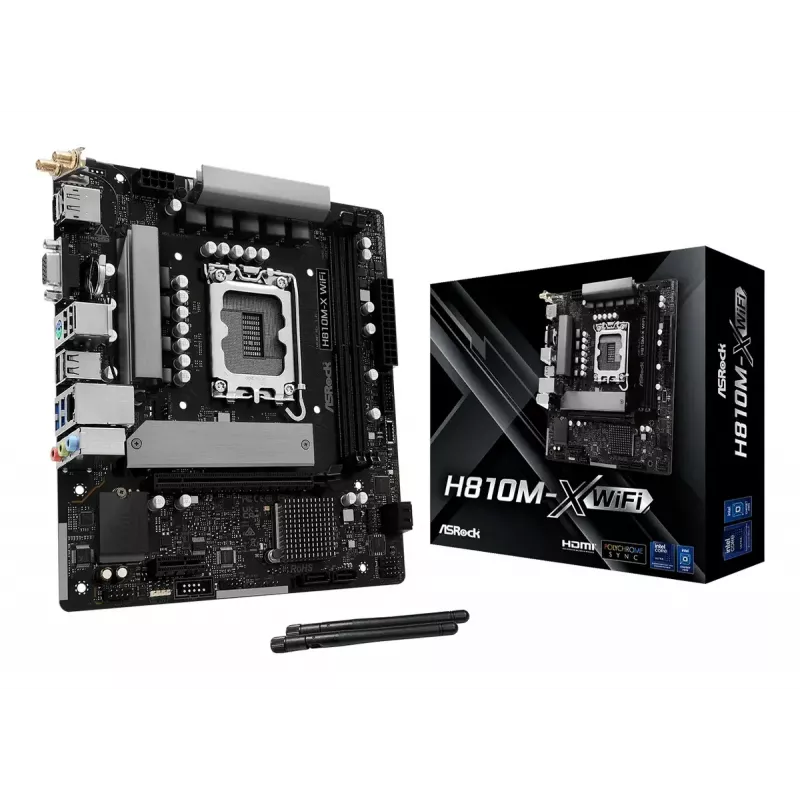 Placa base ASRock H810M-X WiFi — Intel H810, LGA 1851, microATX, DDR5, 2 DIMM, 128GB, Wi-Fi 5, LAN 2.5Gb, M.2, SATA III