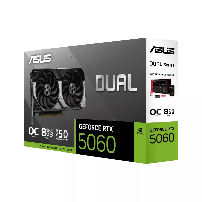 Tarjeta gráfica ASUS GeForce RTX 5060 — 8 GB GDDR7, 128-Bit, PCIe 5.0, DisplayPort 2.1b x3, HDMI 2.1b