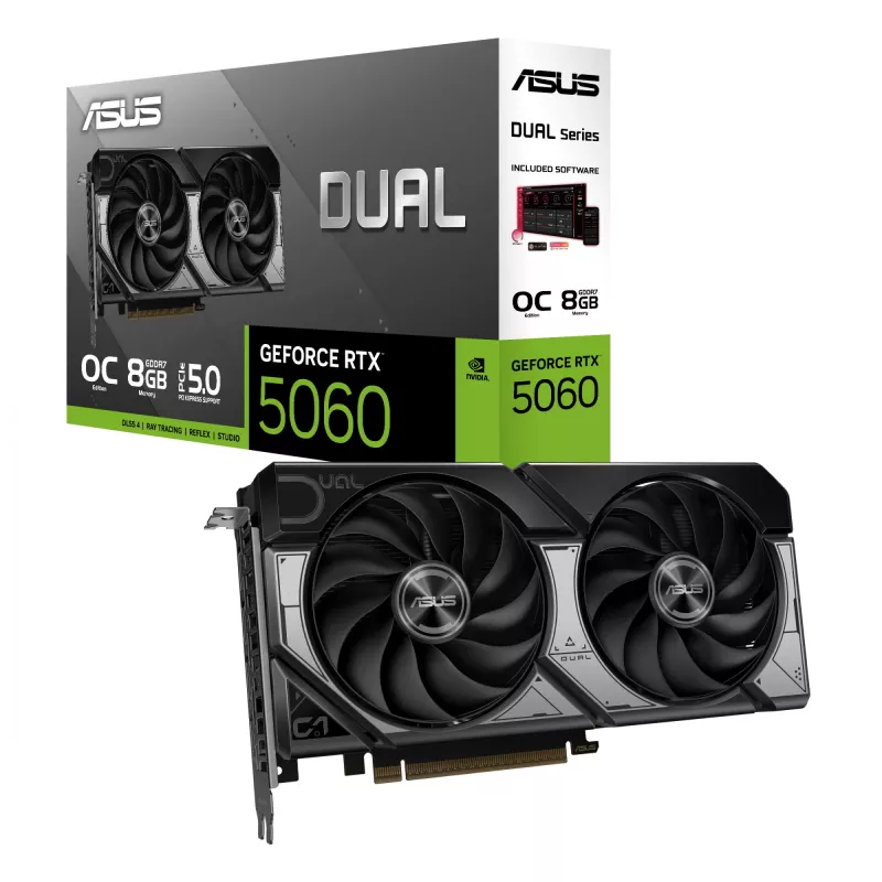 Tarjeta gráfica ASUS GeForce RTX 5060 — 8 GB GDDR7, 128-Bit, PCIe 5.0, DisplayPort 2.1b x3, HDMI 2.1b