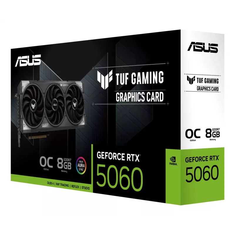Tarjeta gráfica ASUS GeForce RTX 5060 8 GB GDDR7 PCIe 5.0, 3840 CUDA, OC, 3x DisplayPort 2.1b + HDMI 2.1b, 302 mm, 3-Slot