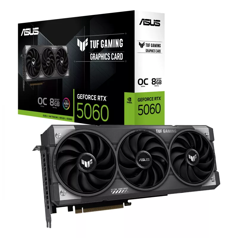 Tarjeta gráfica ASUS GeForce RTX 5060 8 GB GDDR7 PCIe 5.0, 3840 CUDA, OC, 3x DisplayPort 2.1b + HDMI 2.1b, 302 mm, 3-Slot