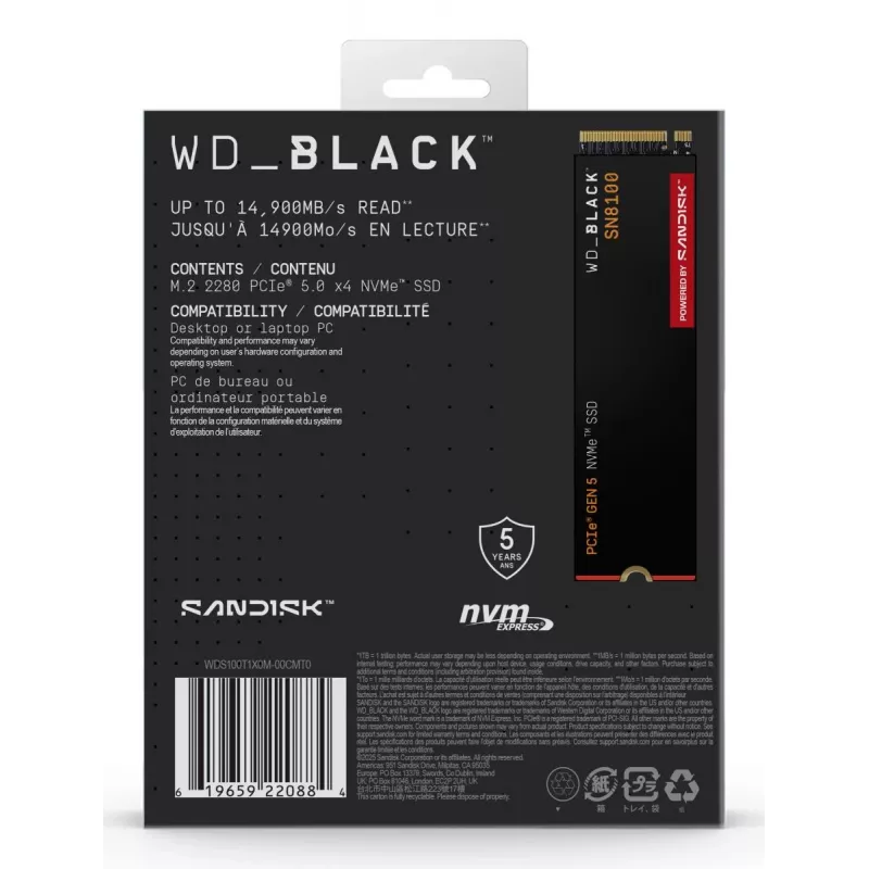 SSD Western Digital 1 TB M.2 PCI Express 5.0 negro SN8100