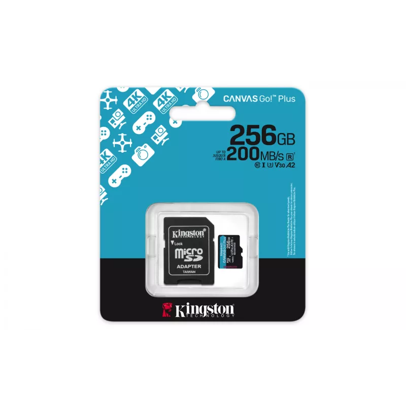 Kingston Technology 256GB microSDXC Canvas Go Plus Gen4 200MB/s A2 U3 V30 tarjeta + adaptador