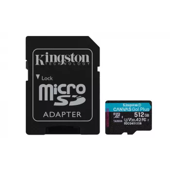 Kingston Technology 512GB microSDXC Canvas Go Plus Gen4 200MB/s A2 U3 V30 tarjeta + adaptador