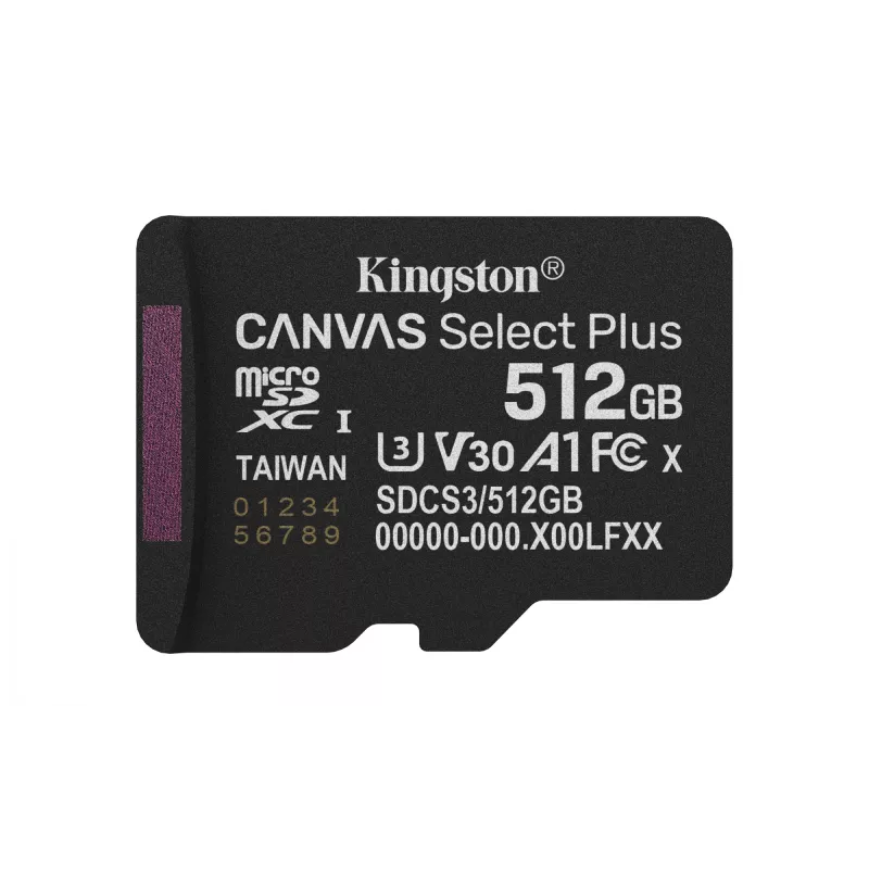 Kingston Technology 512 GB microSDXC Canvas Select Plus Gen3 150 MB/s A1 tarjeta + adaptador