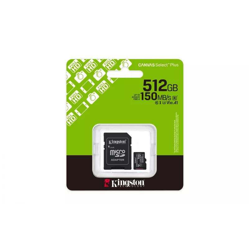 Kingston Technology 512 GB microSDXC Canvas Select Plus Gen3 150 MB/s A1 tarjeta + adaptador