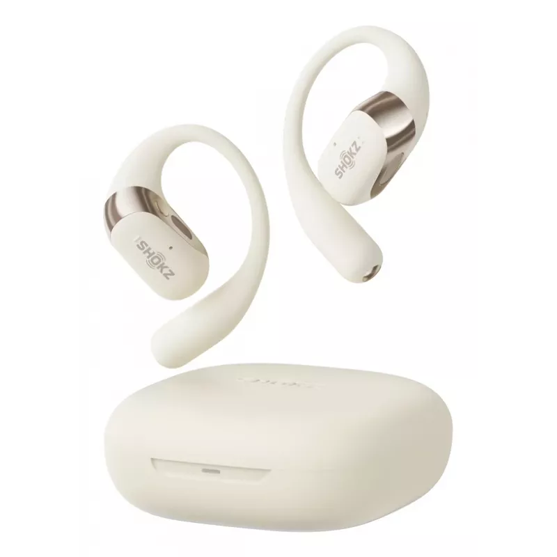 Auriculares inalámbricos open-ear Shokz OpenFit 2 — Bluetooth 5.4, IP55, conducción ósea, 11 h de reproducción (48 h con estuche), USB‑C, beige