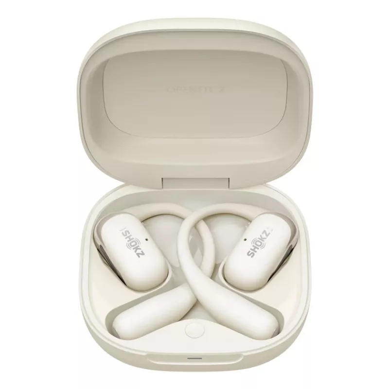 Auriculares inalámbricos open-ear Shokz OpenFit 2 — Bluetooth 5.4, IP55, conducción ósea, 11 h de reproducción (48 h con estuche), USB‑C, beige