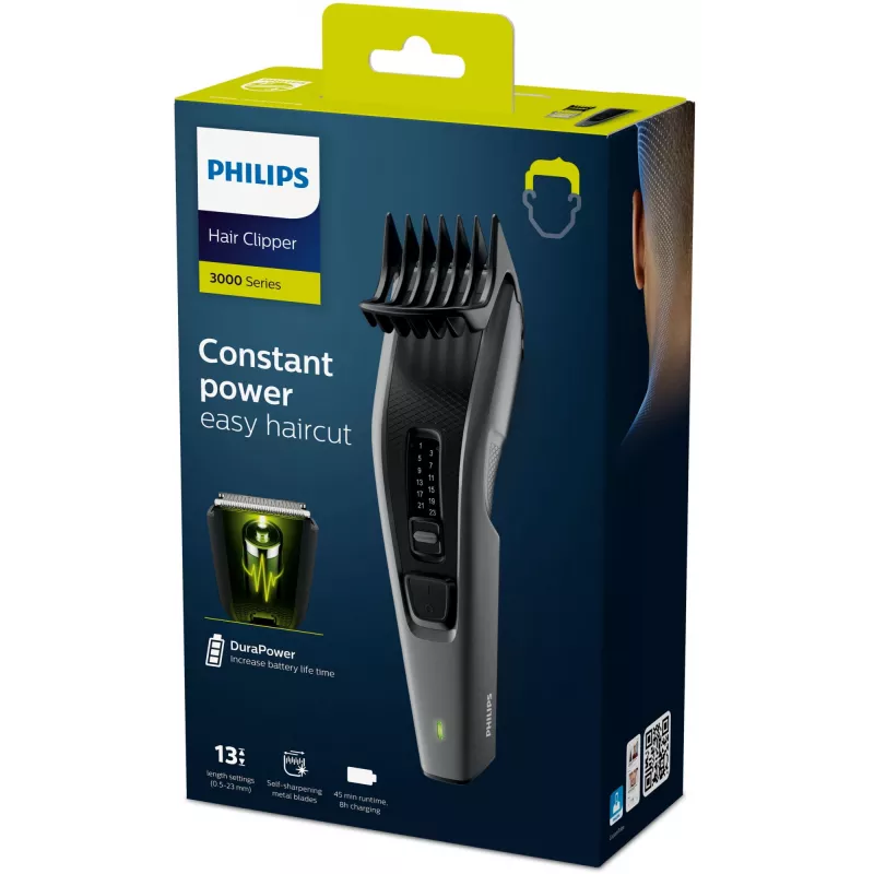 Philips Hairclipper Series 3000 HC3525/15 cortapelos, cuchillas metálicas autoafilables, 0,5-23 mm, 13 ajustes de longitud, cuchilla de 41 mm, red/batería, 45 min, negro/gris