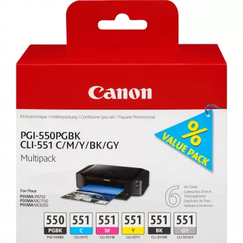 Canon PGI-550/CLI-551 PGBK/C/M/Y/BK/GY multipack de 6 cartuchos de tinta