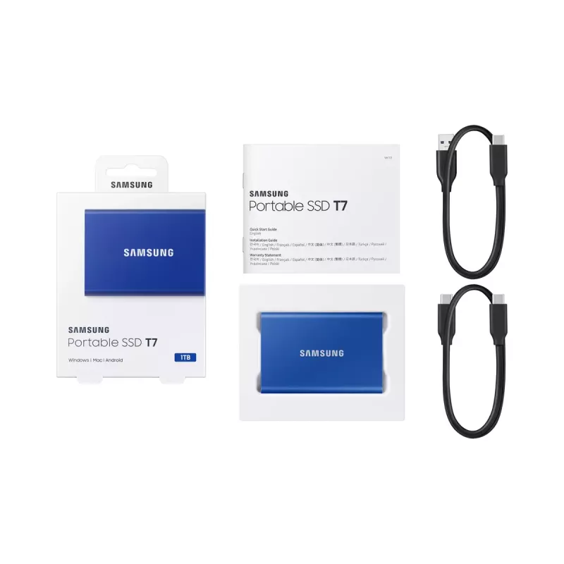 SSD externo Samsung T7 Portable 1 TB, USB-C 3.2 Gen 2, NVMe, cifrado por hardware AES-256, azul