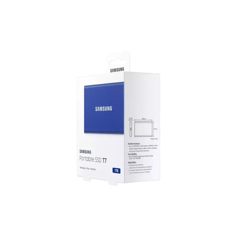 SSD externo Samsung T7 Portable 1 TB, USB-C 3.2 Gen 2, NVMe, cifrado por hardware AES-256, azul