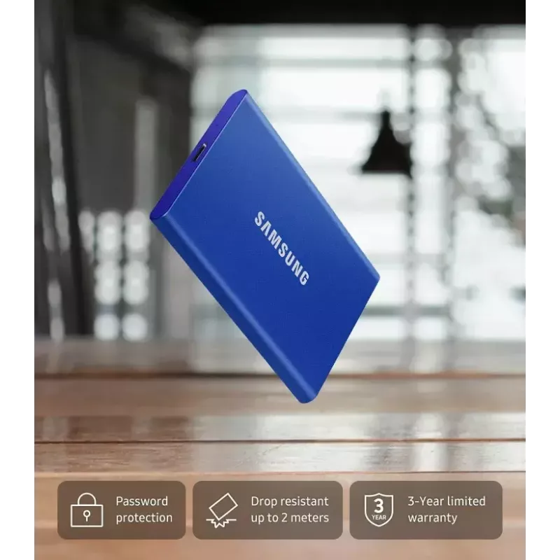 SSD externo Samsung T7 Portable 1 TB, USB-C 3.2 Gen 2, NVMe, cifrado por hardware AES-256, azul