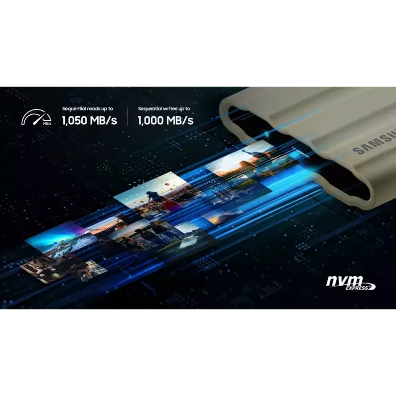 SSD externo Samsung MU-PE2T0K 2 TB NVMe portátil USB Type-C 3.2 Gen 2, lectura 1050 MB/s, escritura 1000 MB/s, carcasa de goma beige
