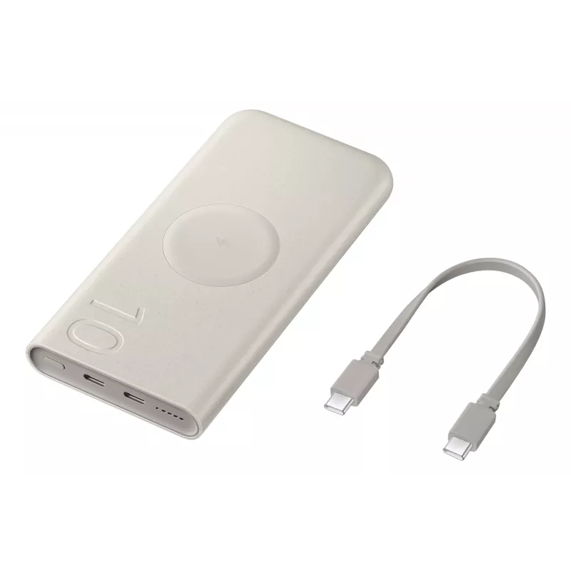 Batería externa Samsung EB-U2510XUEGEU 10000 mAh, PD 3.0 25W, entrada y salida USB-C, carga inalámbrica, salida para 3 dispositivos, beige
