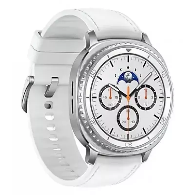 Smartwatch Samsung Galaxy Watch 8 Classic 46 mm — 1,3 inch AMOLED, 438×438, 64 GB, Wi-Fi, GPS, caja plateada, correa blanca
