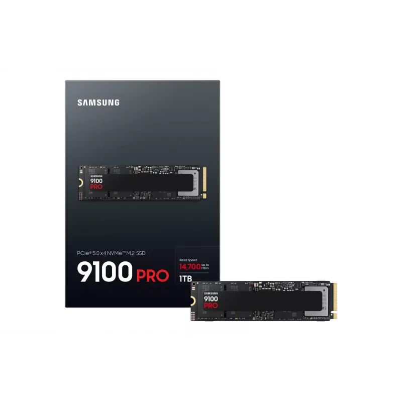 SSD M.2 NVMe Samsung 9100 PRO 1 TB, PCIe 5.0, 2280, lectura 14700 MB/s, escritura 13300 MB/s