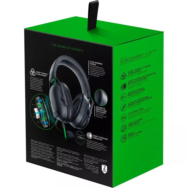 Auriculares gaming con cable Razer BlackShark V2 X — binaurales, 3,5 mm, 32 Ω, 100 dB, micrófono abatible con cancelación de ruido, cable de 1,3 m, verde/negro