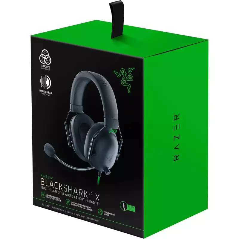 Auriculares gaming con cable Razer BlackShark V2 X — binaurales, 3,5 mm, 32 Ω, 100 dB, micrófono abatible con cancelación de ruido, cable de 1,3 m, verde/negro