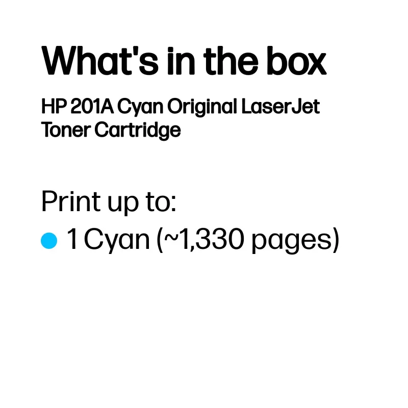Cartucho de tóner original HP 201A cian LaserJet. Rendimiento de páginas en color: 1330 páginas, colores de impresión: cian, cantidad por pack: 1 unidad
