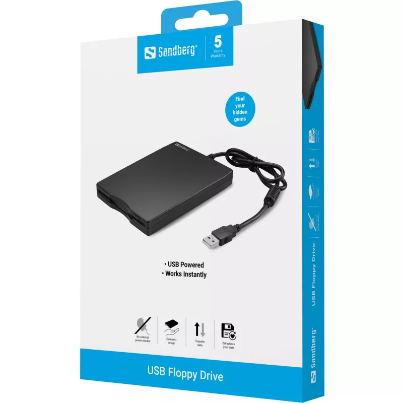 Sandberg unidad de disquete USB, unidad de disquete externa, USB 2.0, 360 rpm, 102 mm, 140 mm, 17 mm