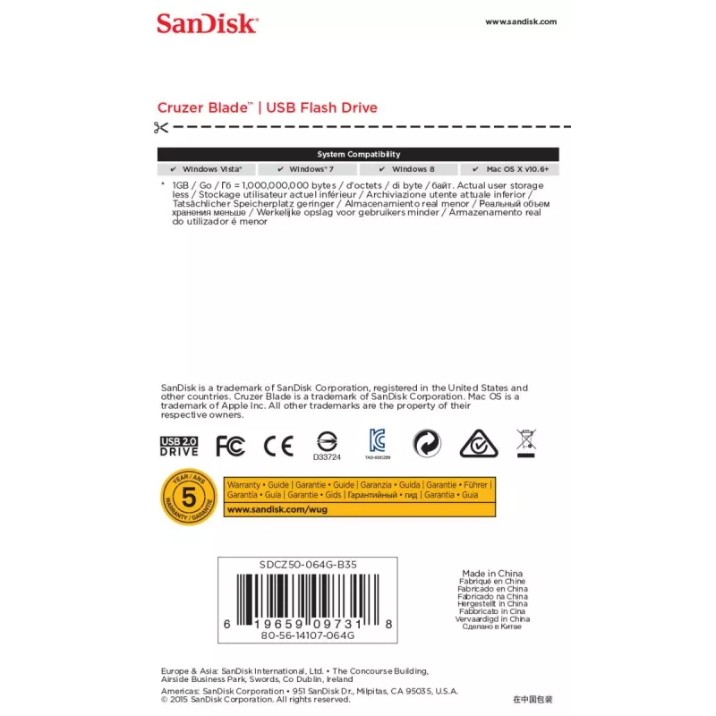 Memoria USB SanDisk 64 GB USB Type-A 2.0 Cruzer Blade