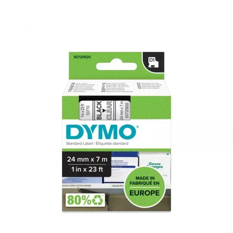 Etiquetas DYMO Authentic D1 | rollo de 24 mm x 7 m | impresión negra sobre transparente | etiquetas autoadhesivas para impresoras de etiquetas LabelManager