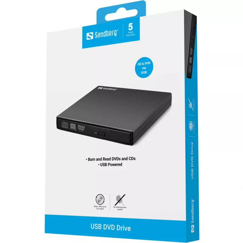 Unidad de DVD USB Sandberg, negra, sobremesa/portátil, DVD Super Multi, USB 2.0, CD-R, CD-ROM, CD-RW, DVD-R, DVD-ROM, DVD-RW, 24x