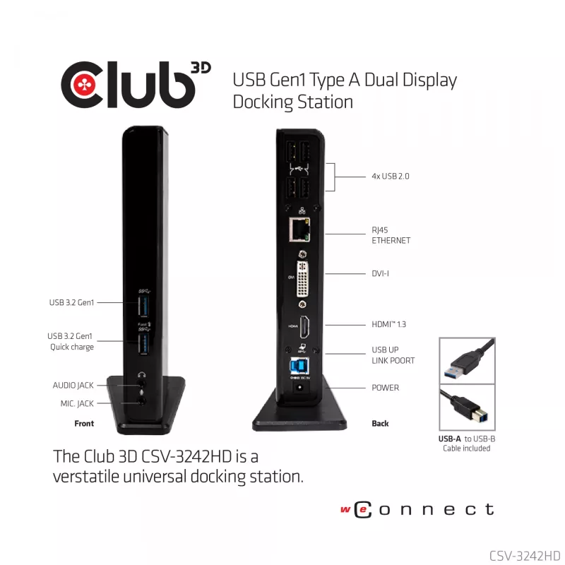 CLUB3D USB Gen1 Type A Dual Display (HDMI y DVI) DisplayLink™ Docking Station