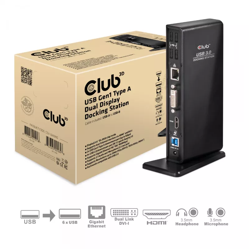 CLUB3D USB Gen1 Type A Dual Display (HDMI y DVI) DisplayLink™ Docking Station