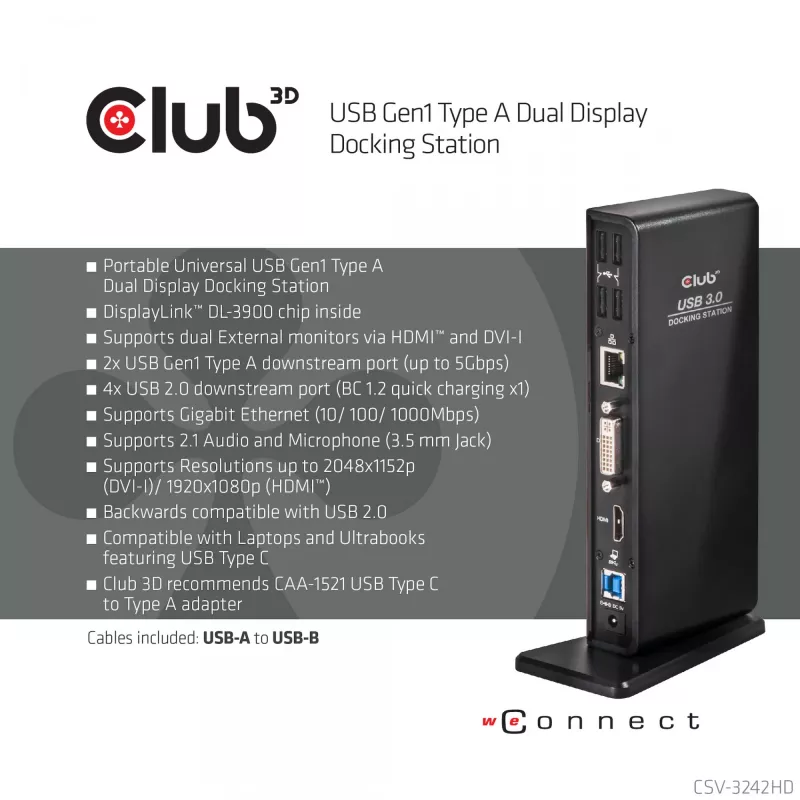 CLUB3D USB Gen1 Type A Dual Display (HDMI y DVI) DisplayLink™ Docking Station