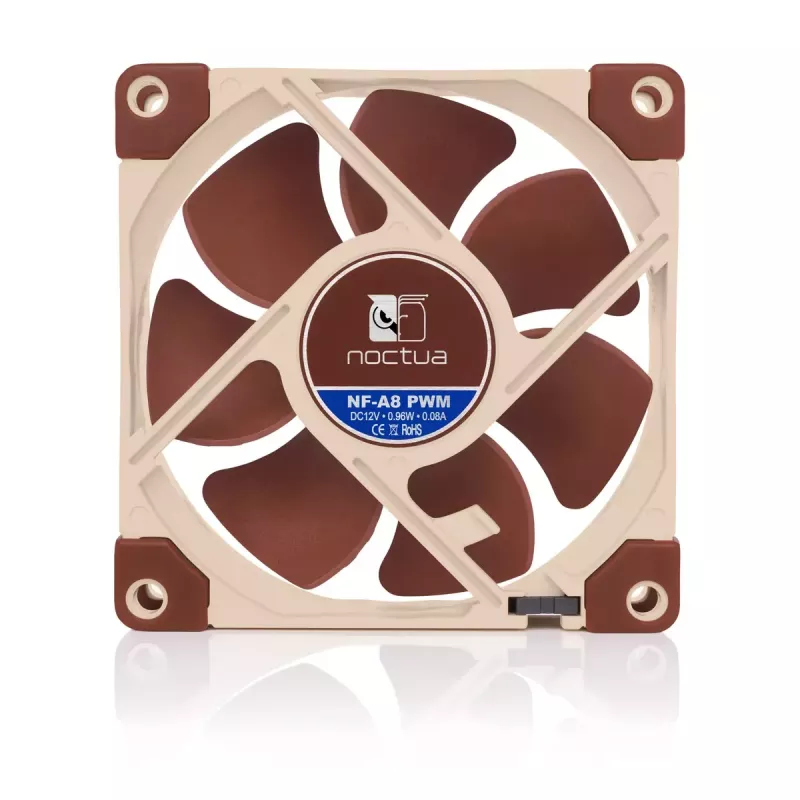 Ventilador de caja Noctua NF-A8 PWM — 80 mm, 12 V, 450–2200 rpm, 55,5 m³/h, 17,7 dB, MTBF 150.000 h