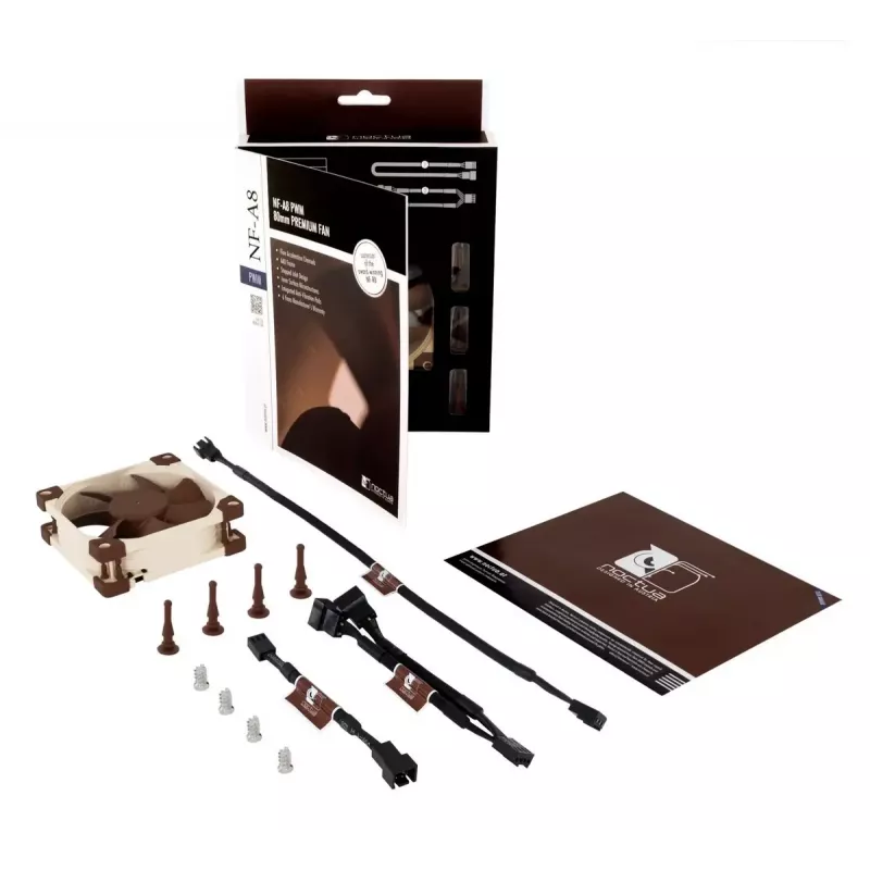 Ventilador de caja Noctua NF-A8 PWM — 80 mm, 12 V, 450–2200 rpm, 55,5 m³/h, 17,7 dB, MTBF 150.000 h