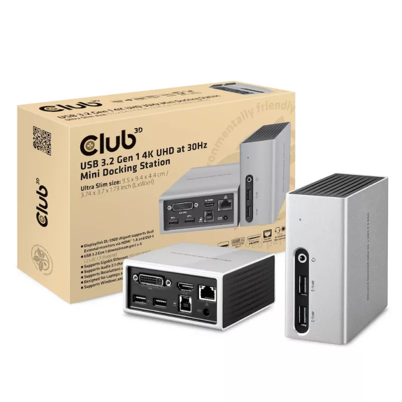 Estación de acoplamiento mini CLUB3D USB 3.2 Gen 1 4K UHD a 30Hz diseño ultra slim