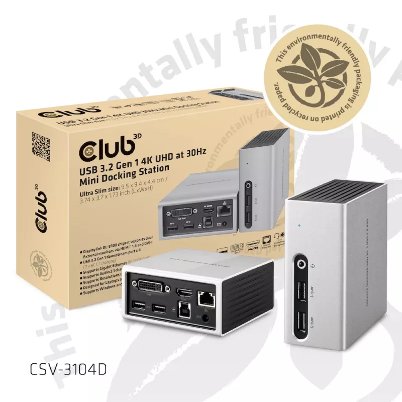 Estación de acoplamiento mini CLUB3D USB 3.2 Gen 1 4K UHD a 30Hz diseño ultra slim