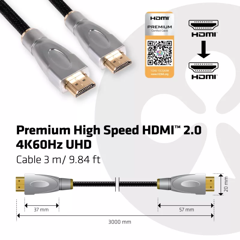 CLUB3D Cable HDMI 2.0 3 metros UHD 4K/60Hz 18Gbps Premium High Speed certificado