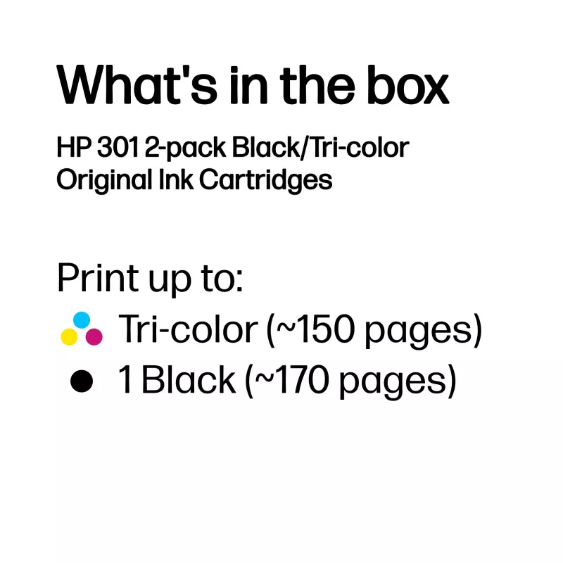 HP 301 Pack de 2 cartuchos de tinta originales negro/tricolor, negro, cian, magenta, amarillo, tinta pigmentada, 2 unidades, 170 páginas