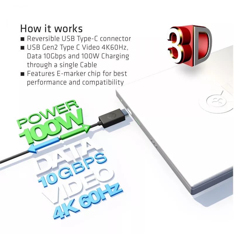 CLUB3D Cable USB Gen2 Type-C vídeo 4K60Hz, datos 10Gbit/s y carga 100W 1 metro M/H