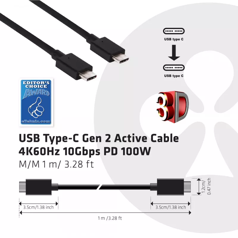 CLUB3D Cable USB Gen2 Type-C vídeo 4K60Hz, datos 10Gbit/s y carga 100W 1 metro M/H
